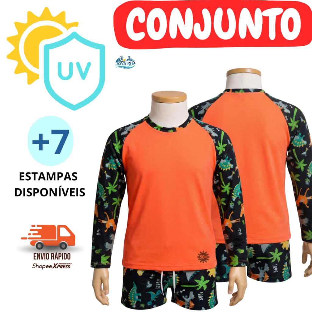 Conjunto de Camisa UV + sunga boxer infantil / juvenil praia / piscina do 1 ao 16 anos