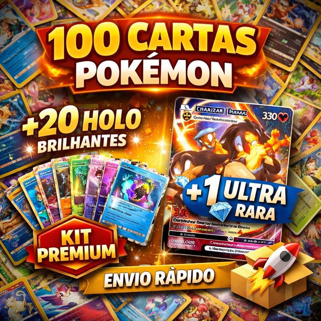 100 Cartas Pokémon Originais com 20 Brilhantes + 1 Ultra Rara | Envio Rápido Sem repetidas Copag