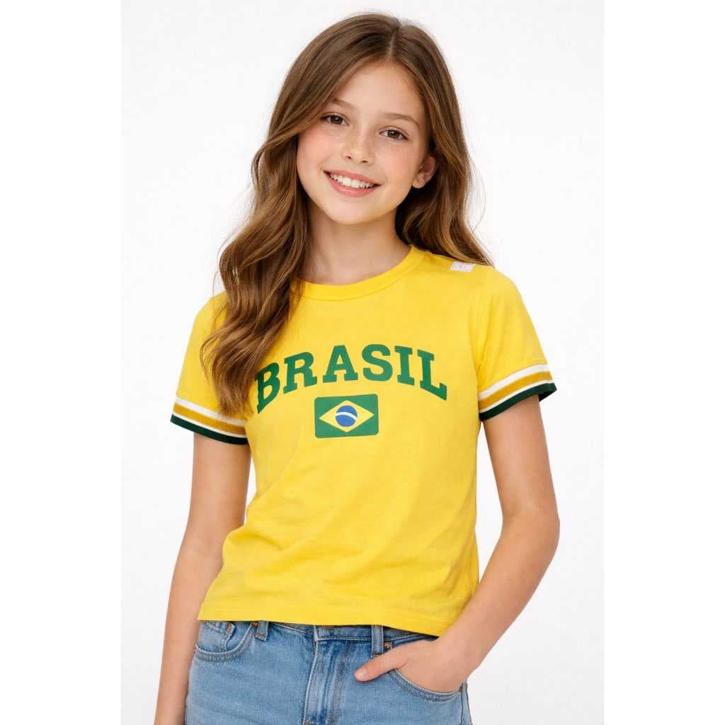 Blusa Infantil Baby Look Menina Brasil Infantil Feminina Camiseta Brasil Copa do Mundo Roupa Infantil Menina Brasil