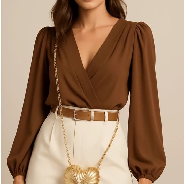 Body Feminino Transpassado Crepe Duna Manga LongaTendencia Moda Blogueira Elegante Social