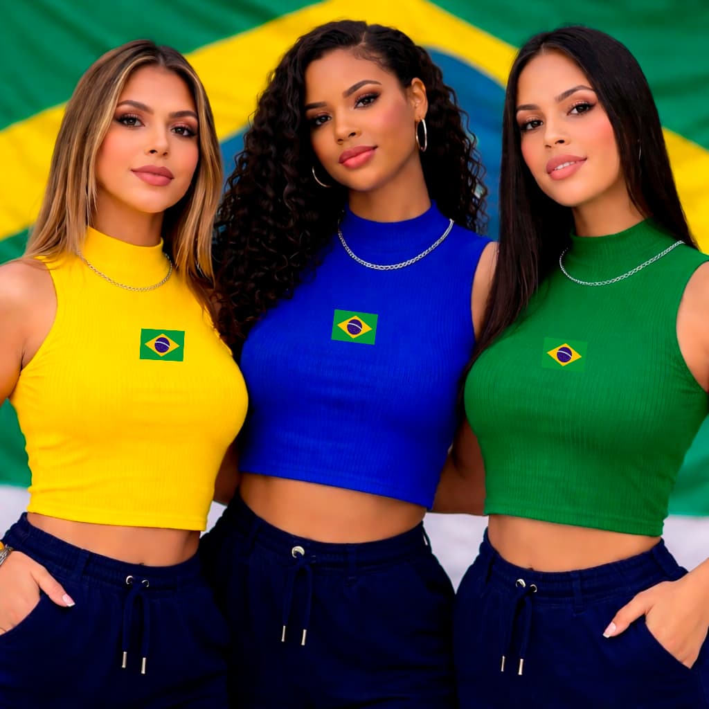 Cropped Gola Alta Canelado Regata P ao G3  Feminina BRASIL Moda Verão Blusinha Feminino