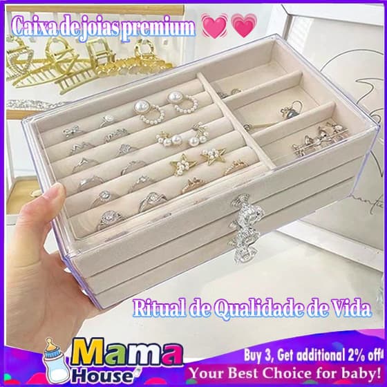 Porta Joias Veludo Com Acrílico 3Camadas Gavetas Divisória Cor Bege Caixa para joias com três níveis