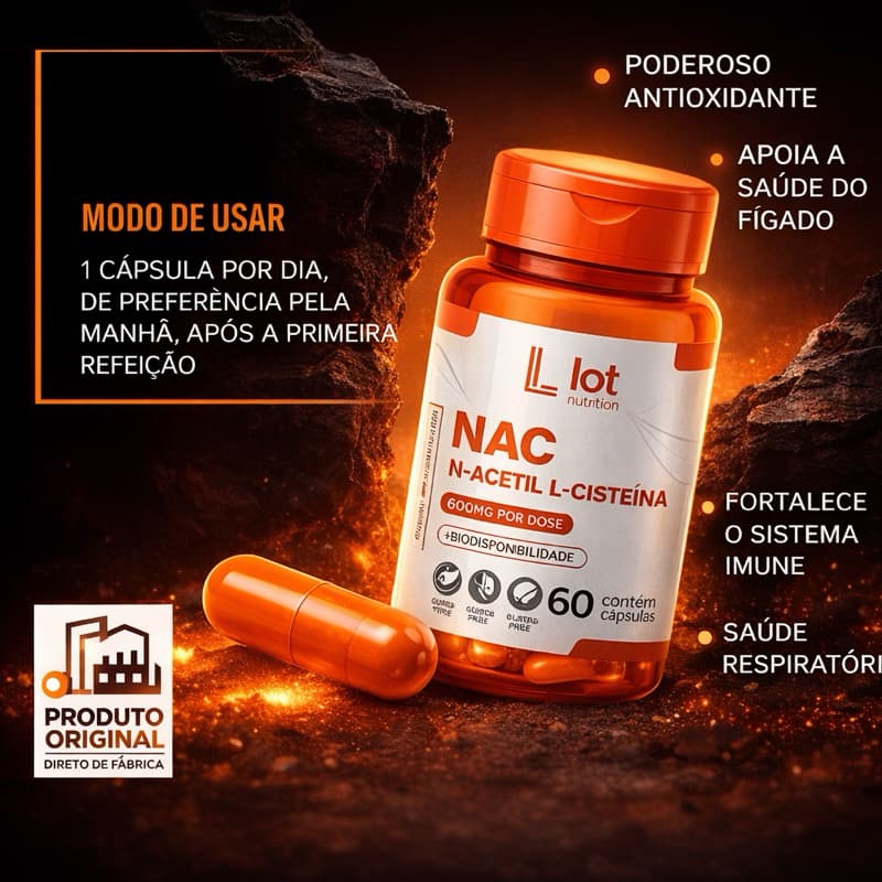 NAC Premium 600mg 60 Cápsulas Antioxidante Acetilcisteína Fígado Detox Lot Nutrition