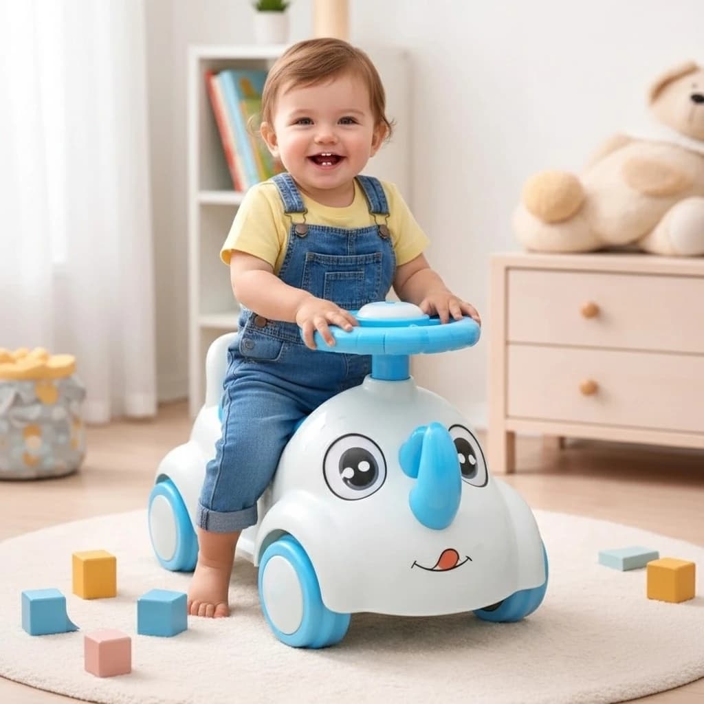 Andador Infantil Rinoceronte Azul Motinha Empurra Carrinho Brinquedo Criança Presente