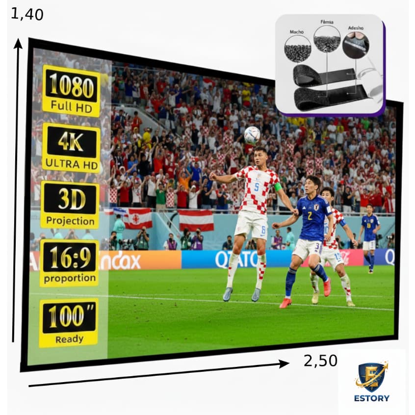 Tela Telão Projetor Projeção 4k Full HD 150 Polegadas Com Velcro Marca Estory Telas  Cor Branca Copa