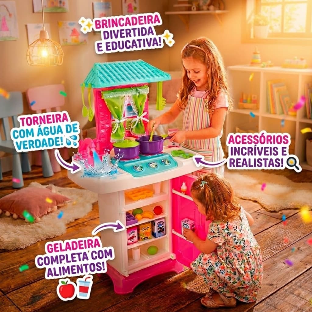 Cozinha Infantil Menina Completa Fogão Grande 74cm C/ Geladeira Acessórios Lançamento Entrega Direta