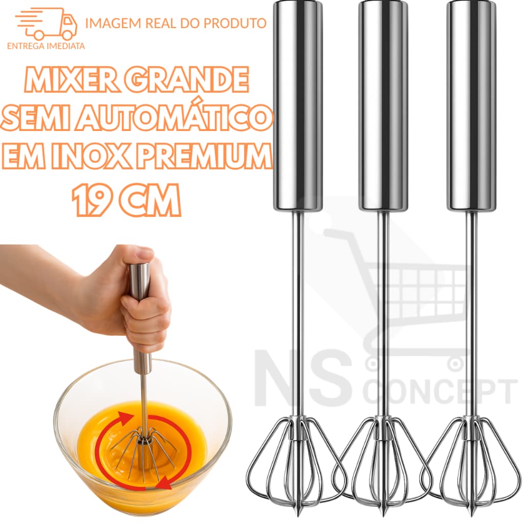 Kit Mixers Semi Automáticos Inox Premium 19cm – Batedor Manual Giratório Não Usa Pilha Ideal para Ovos, Massas e Café