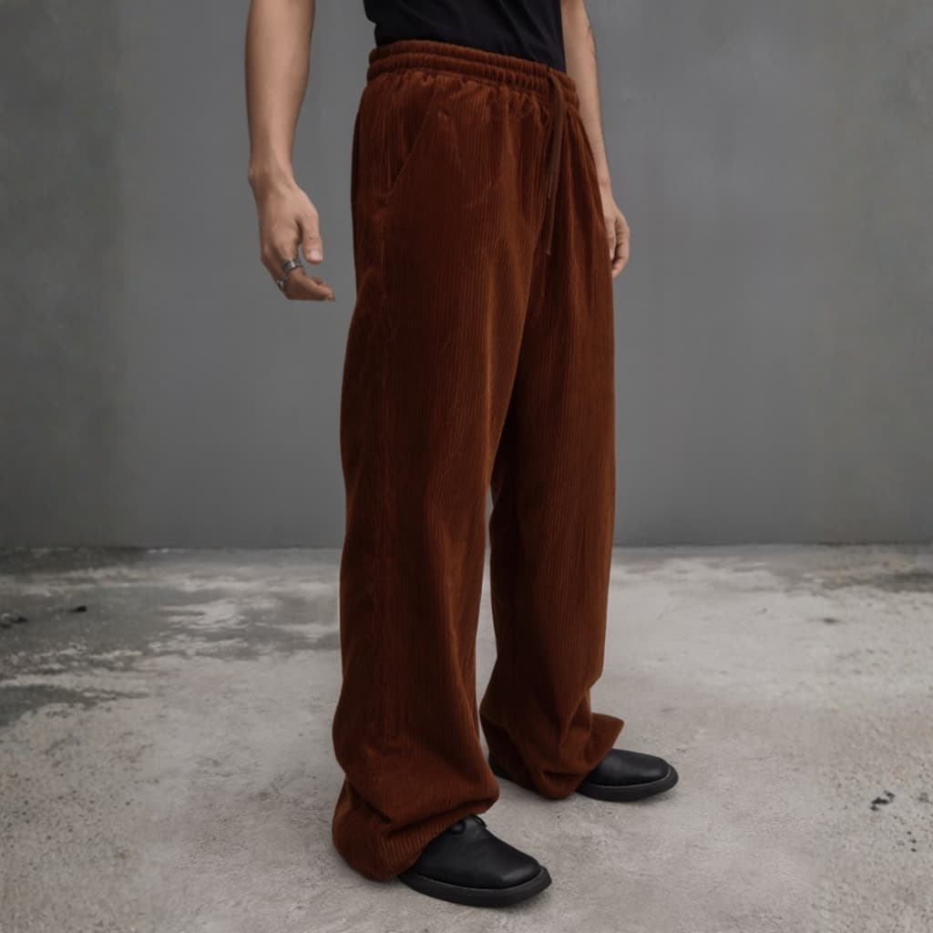 Calça Wide veludo cotelê Streetwear Masculina Ajustável Tendência Premium Confortável