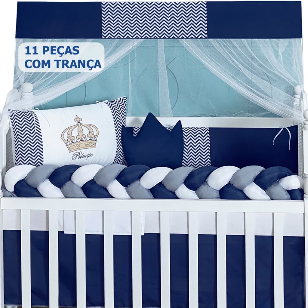 Kit Berço Coroa Realeza Marinho com Trança | 11 Peças Padrão Americano