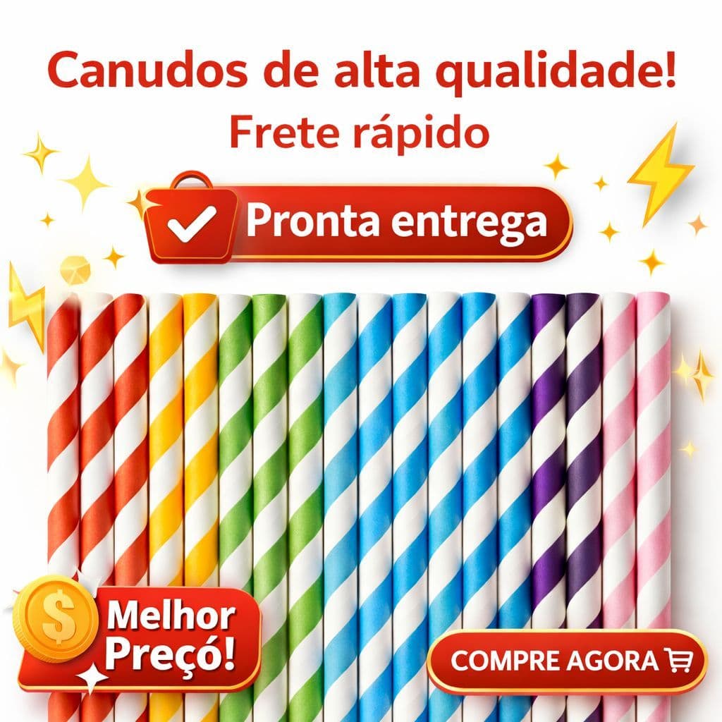 100 Canudos Biodegradável de Papel Listrado Drinks Refri Topo de Bolo Colorido