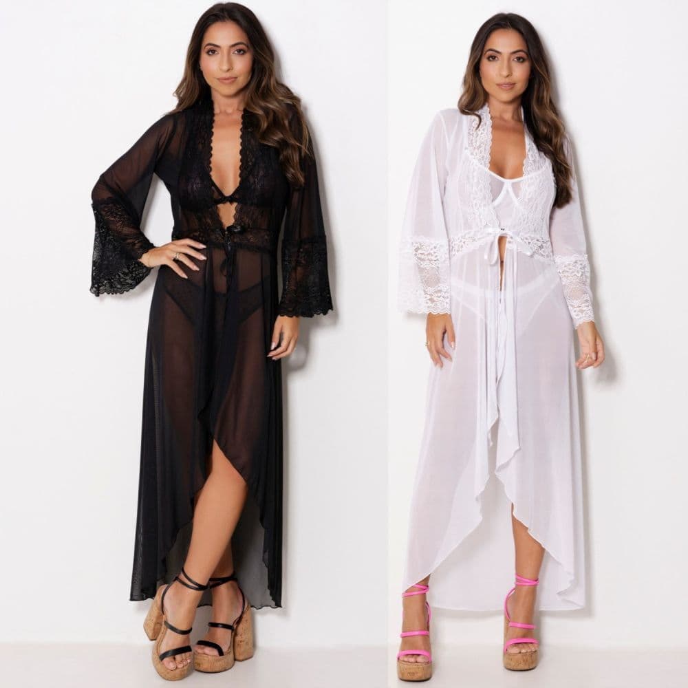 Hobe hoby Tule Renda Luxo, Roupão Elegance, Hobby Feminino Pijama, Roupa de Dormir, Kimono (955)