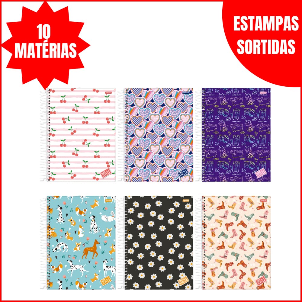 Caderno 10 Matérias Jandaia Stella 160 Folhas Capa Dura Grande Feminino Estampas Sortidas
