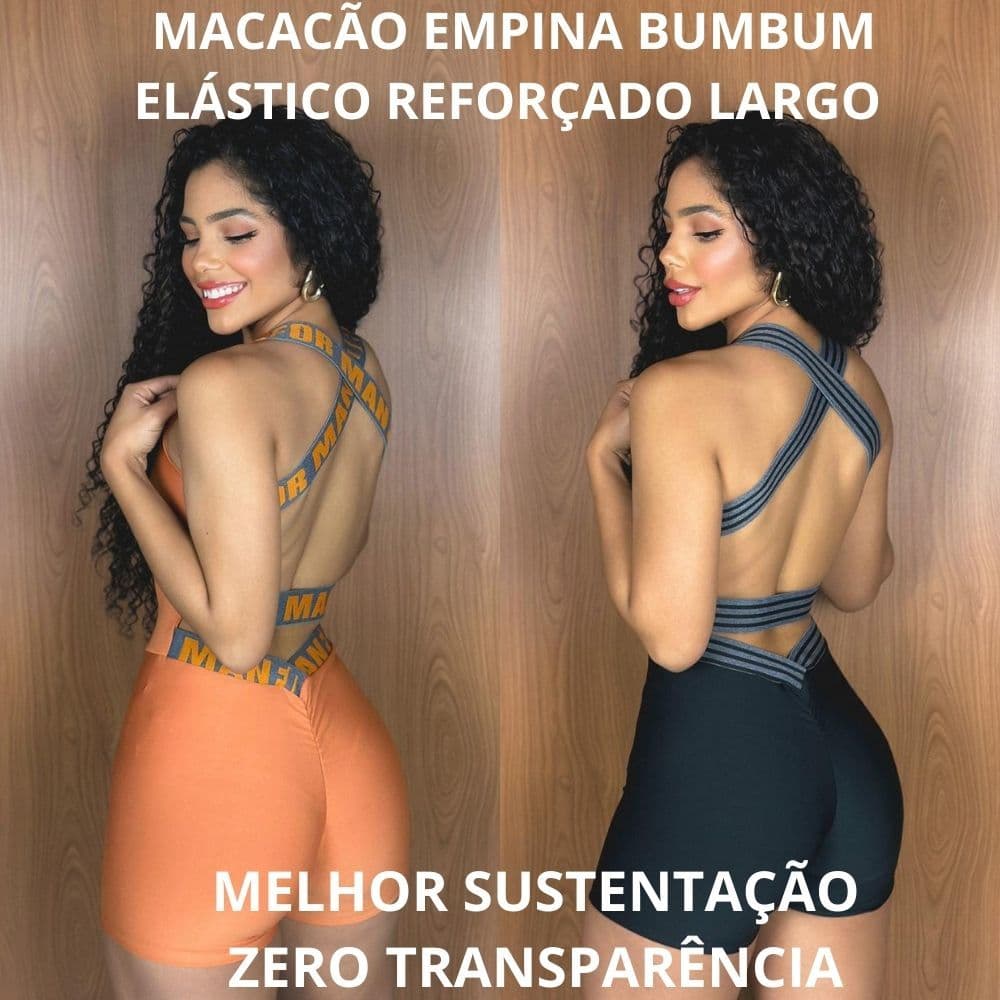Macacão Curto Fitness Empina Bumbum – Costa Nua, Elástico Reforçado Malha Suplex, P M G