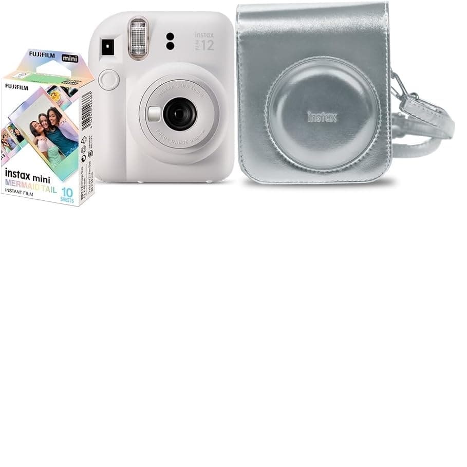 Kit Câmera Instax Mini 12 com pack 10 fotos Mermaid Tail e Bolsa Prateada