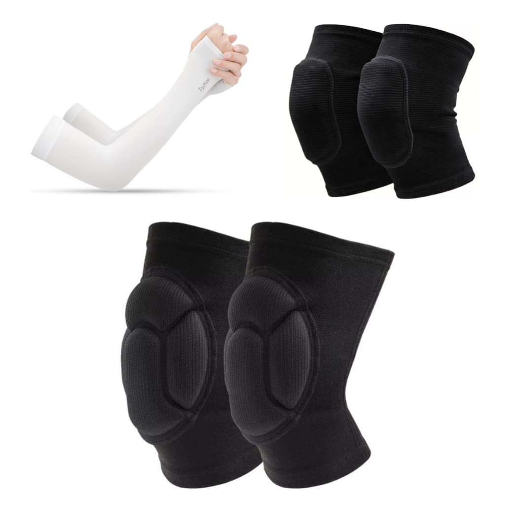 Kit Conjunto Joelheira Esportiva Com Cotoveleira de Proteção e Manguito Branco Anti UV Para Danca Volei Acolchoada