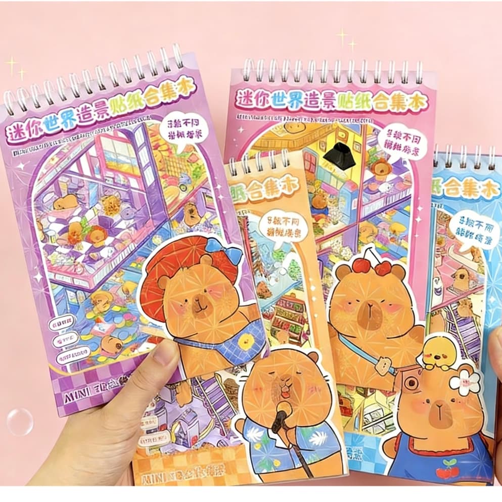 Kit Livro Mini Cenário Mundo Capivara Cartela de Adesivo 16 Folhas Pinça Divertida Fofo Paisagismo Para crianças