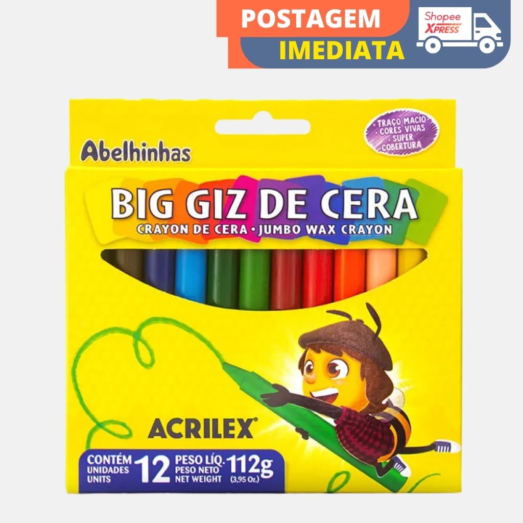 Giz De Cera Big Jumbo Triangular ou Redondo 6 ou 12 Cores Super Cobertura Escolar Infantil - Acrilex