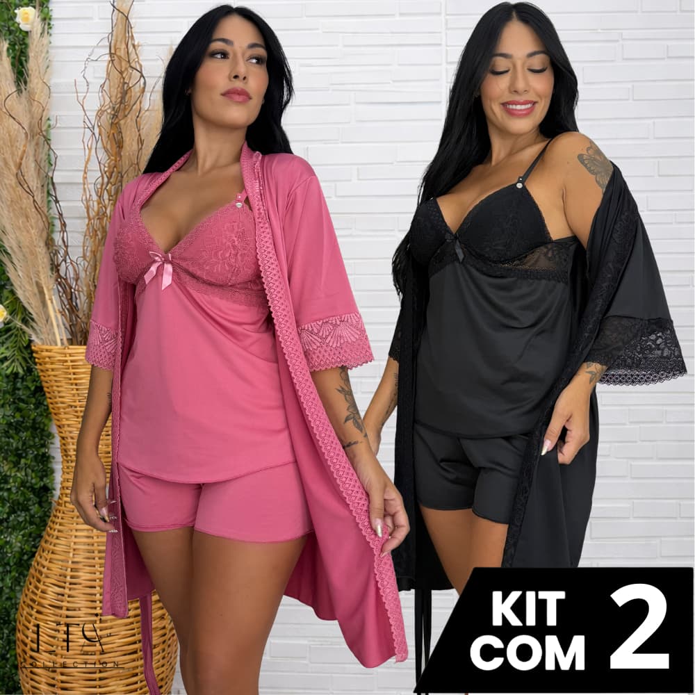 Kit Baby Doll + Robe Pós Parto Maternidade Abre Fácil Com Renda Gestante Grávida