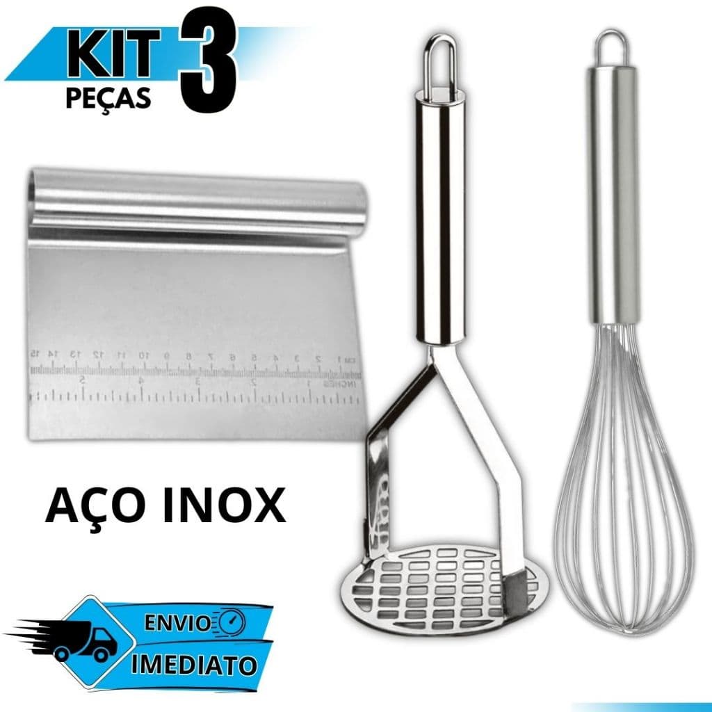 Kit Utensílios Inox Cozinha Fouet Batedor Espátula Reta Amassador Batata Purê