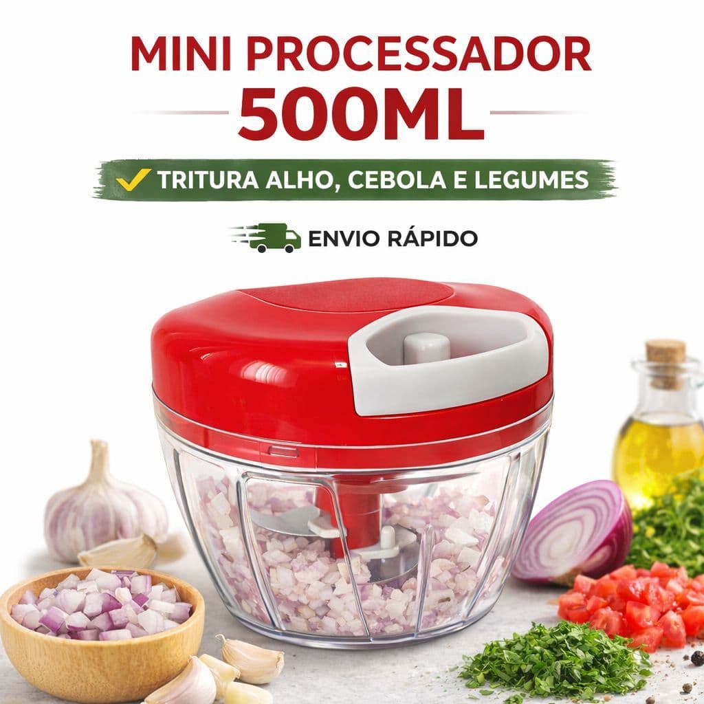 Mini Processador de Alimentos Manual 500ml com 3 Lâminas - Triturador de Alho, Cebola e Legumes