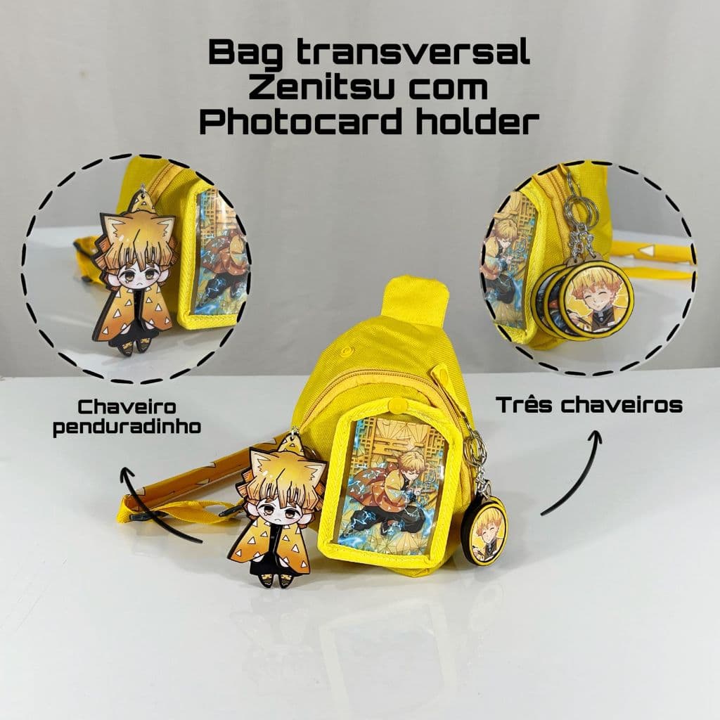 bolsa personalizável bag, com três chaveiros e um chaveiro articulado temas de anime