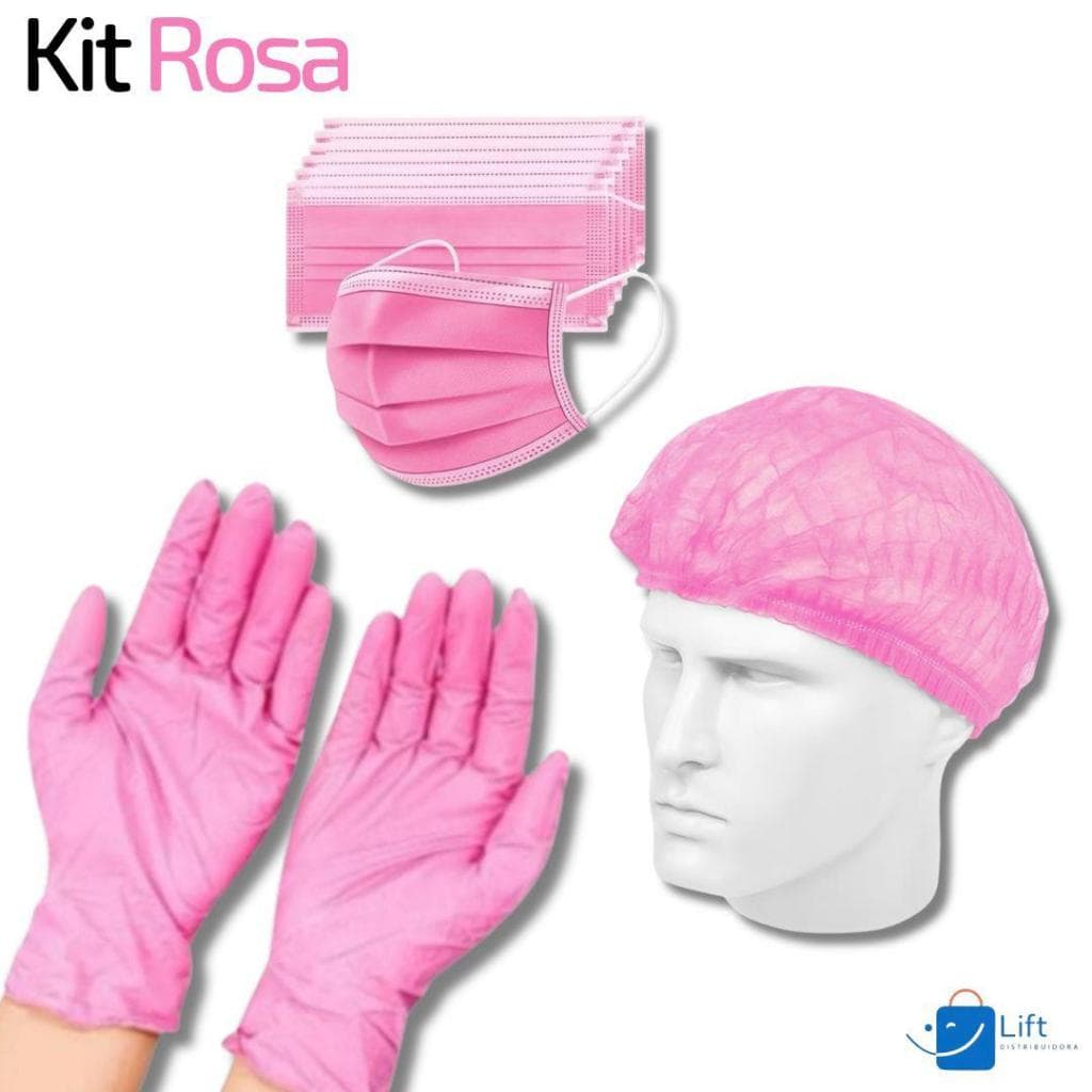 Kit Rosa 100 Touca TNT+ 100 Luva Nitrilica+ 50 Máscara Descartável Tripla Camada Com Clipe Nasal