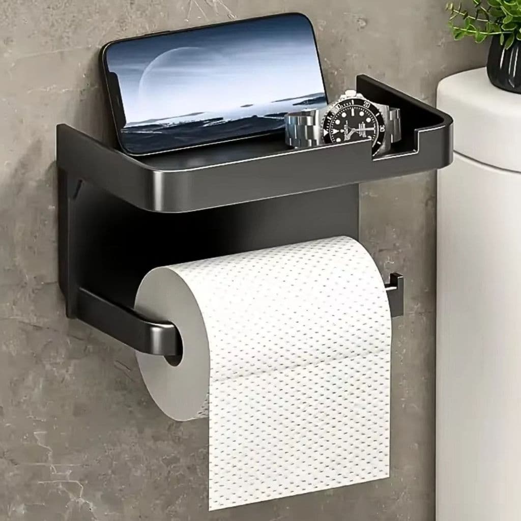 Suporte Porta Papel Higiênico Premium Apoio Para Celular de Banheiro Fixado na Parede Sem Furos