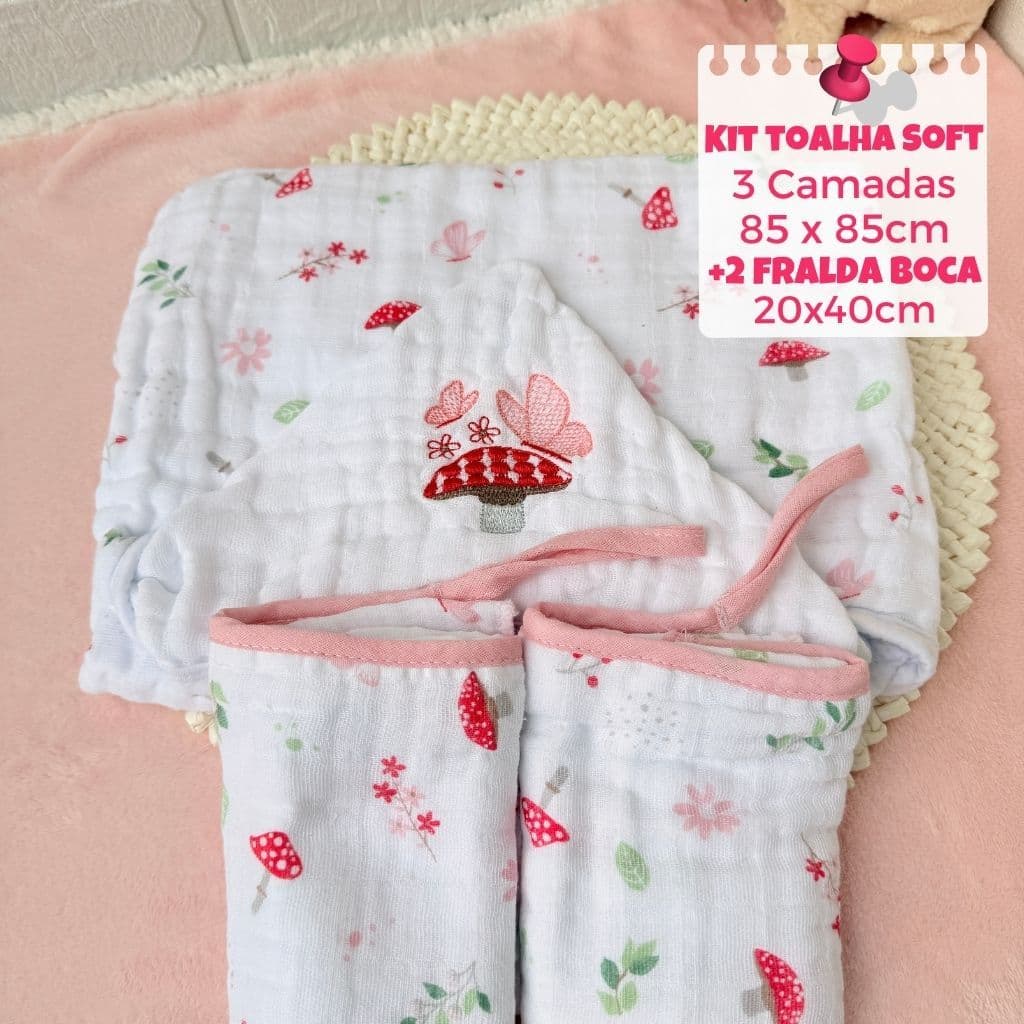 Kit toalha de banho soft 3 camadas 85x85cm + Panos de boca soft 20x40cm com prendedor de chupetas