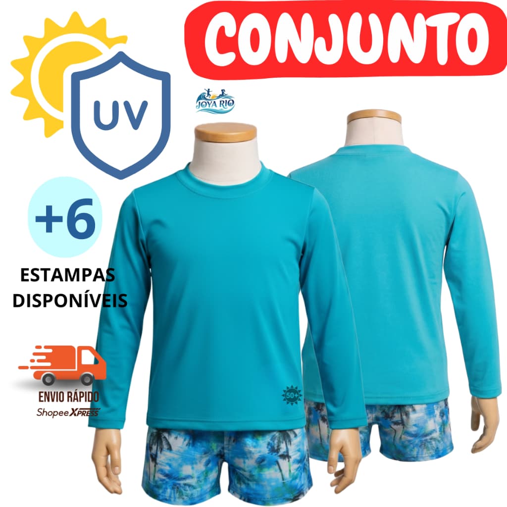 Conjunto Infantil Menino Camisa UV + Sunga Boxer infantil/Juvenil Proteção UV 50+