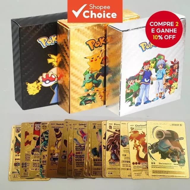 Kit 55 Cartas Pokémon Gold Metal Charizard Pikachu Cards Edição Ouro Rara Coleção Vmax Energy