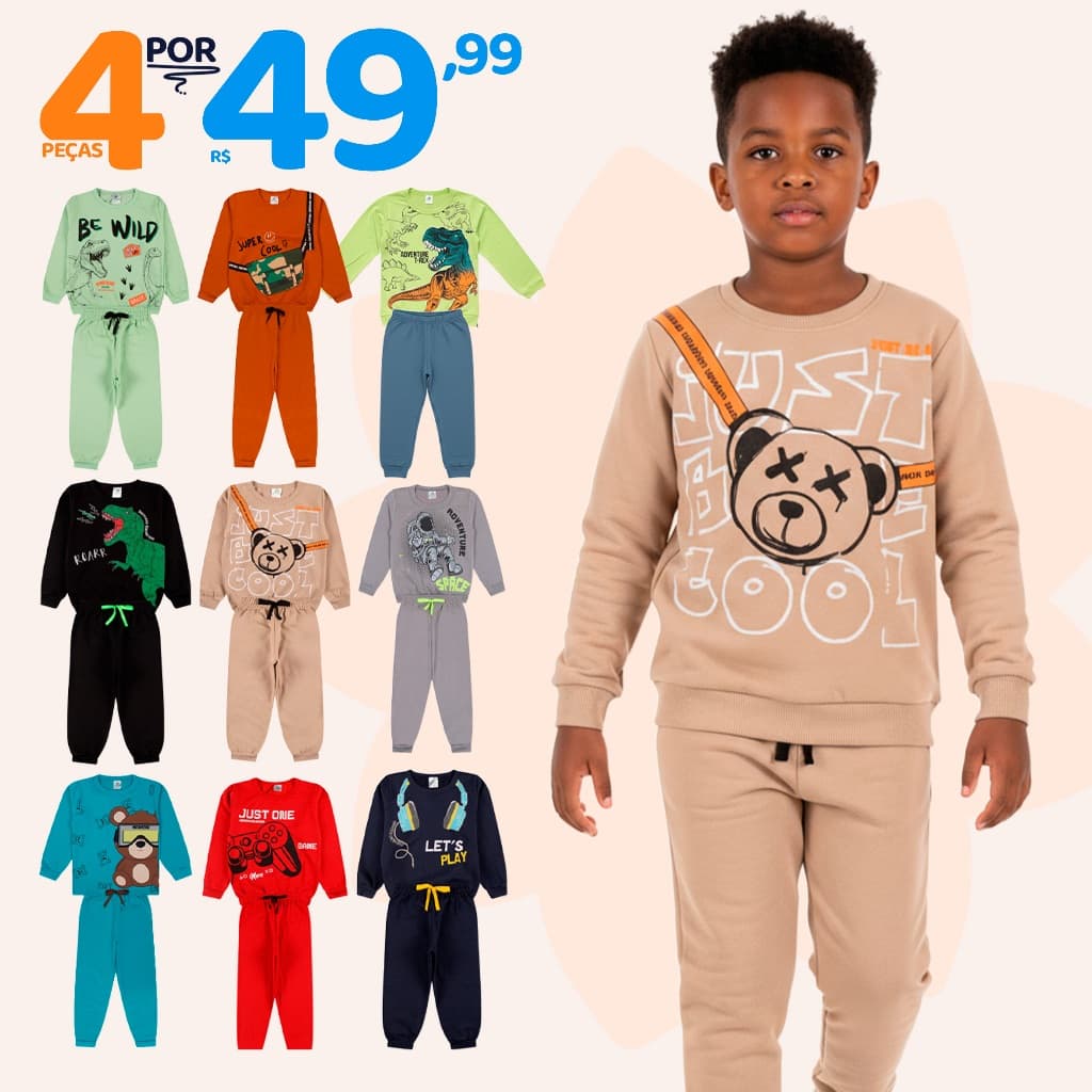 Kit Sortido 4 Peças de Roupas Masculino Infantil Inverno – 2 blusas casacos + 2 calças de 1 ao 10 – Kit 2 Conjuntos