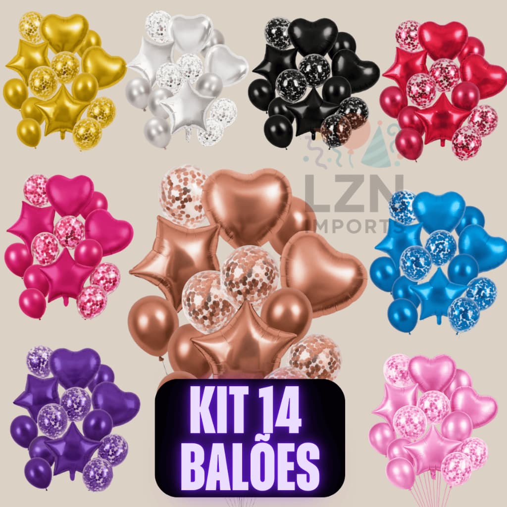 Kit Buque Balão c/ 14 Peças Metalizado e Látex Coração Estrela Confete Liso Aniversário Festa Evento