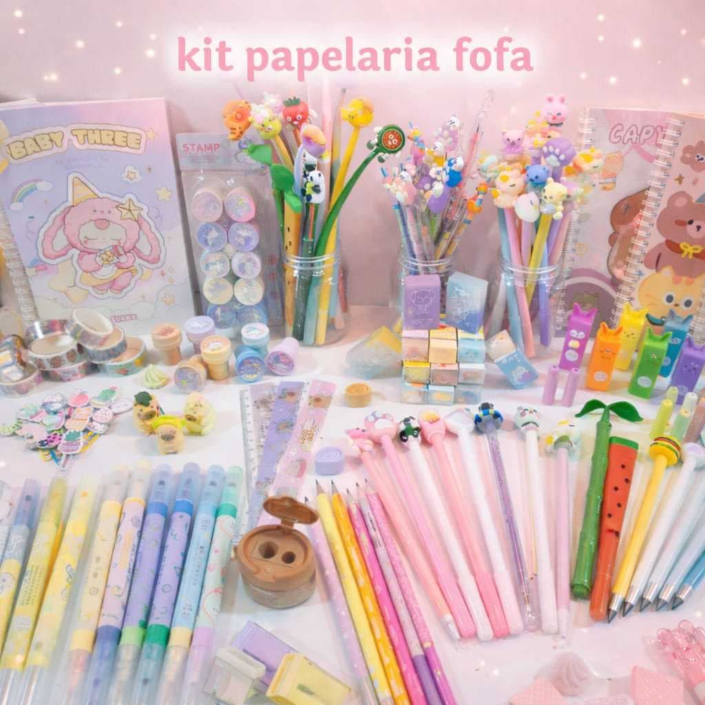 Kit Papelaria 15 Itens Criativa Canetas Canetinhas Caderninhos Escolar Fofa Com Diversos Para Brindes Presentes Kawaii