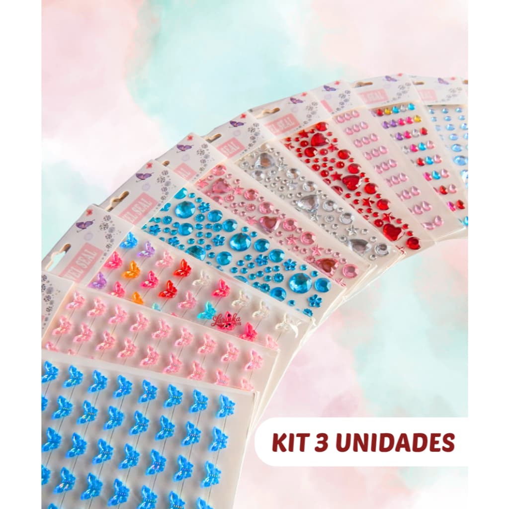 Cartelas de Brilhos Adesivos - 3 unidades - Tamanho Pequeno.