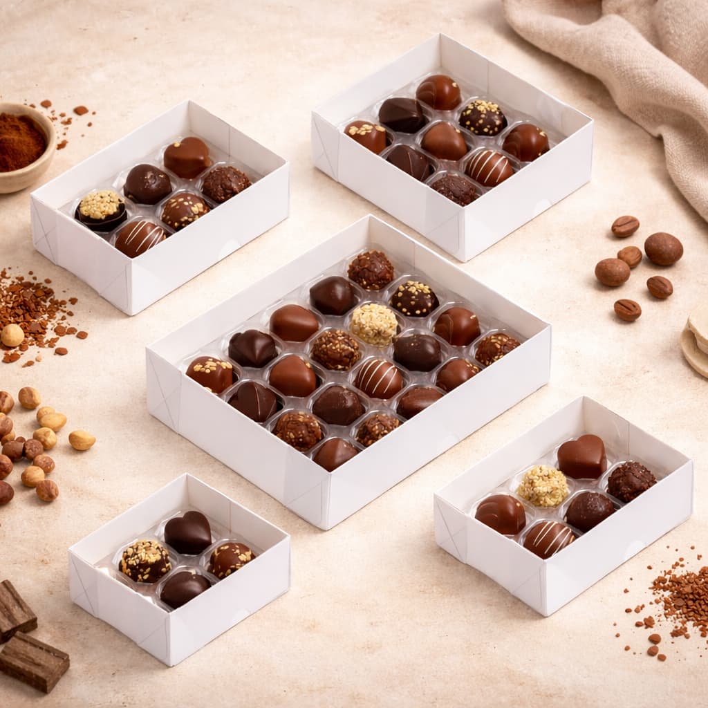 Caixa para Bombons com Berço e com Tampa Transparente | 4, 6, 8, 12 ou 25 Bombons | Confeitaria