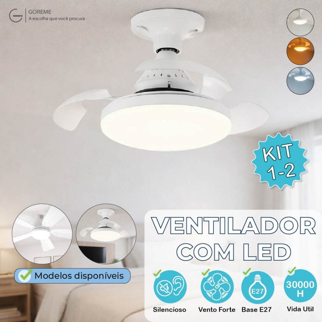 Ventilador de Teto Retrátil Lâmpada 3 Cores Silencioso 60W ou 100W Pás Design Sofisticado Bivolt