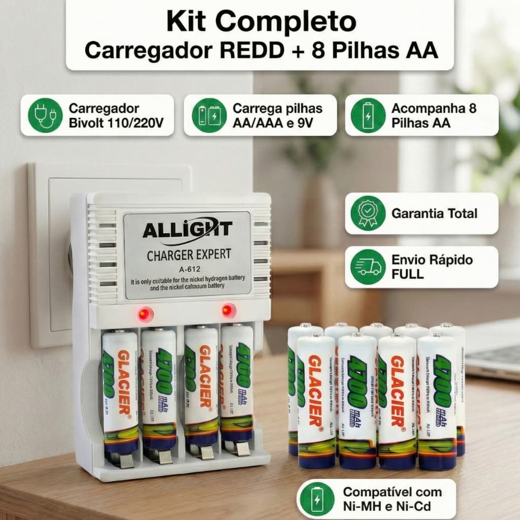 Kit Pilhas Recarregáveis Carregador de Pilhas AA AAA Bateria 9V Bivolt 110/220V