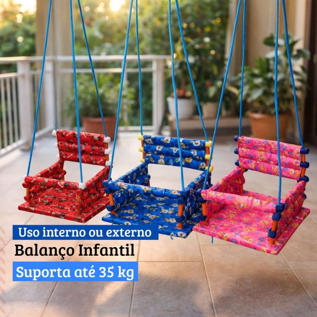 Cadeirinha de Balanço Infantil em Madeira Reforçada, Suporta até 35kg, Crianças até 10 Anos