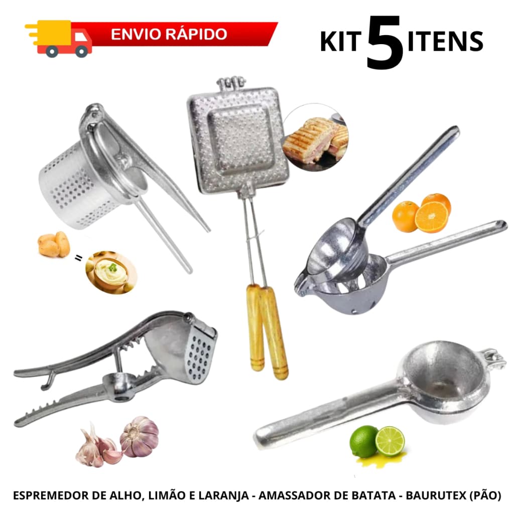 Espremedor de Limão + Laranja + Alho + Amassador de Batata + Baurutex Sanduicheira Triturador em Alumínio Fundido Forte