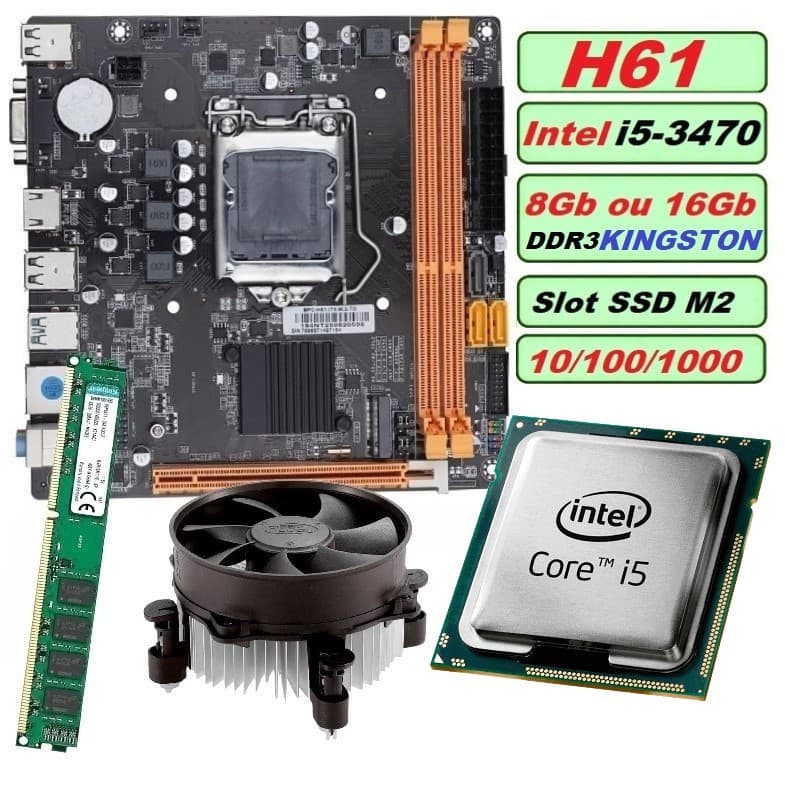 Kit UPGrade i5-3470 Memória 8GB ou 16GB DDR3 Placa Mãe H61 Slot SSD M2 gamer lga 1155 atx