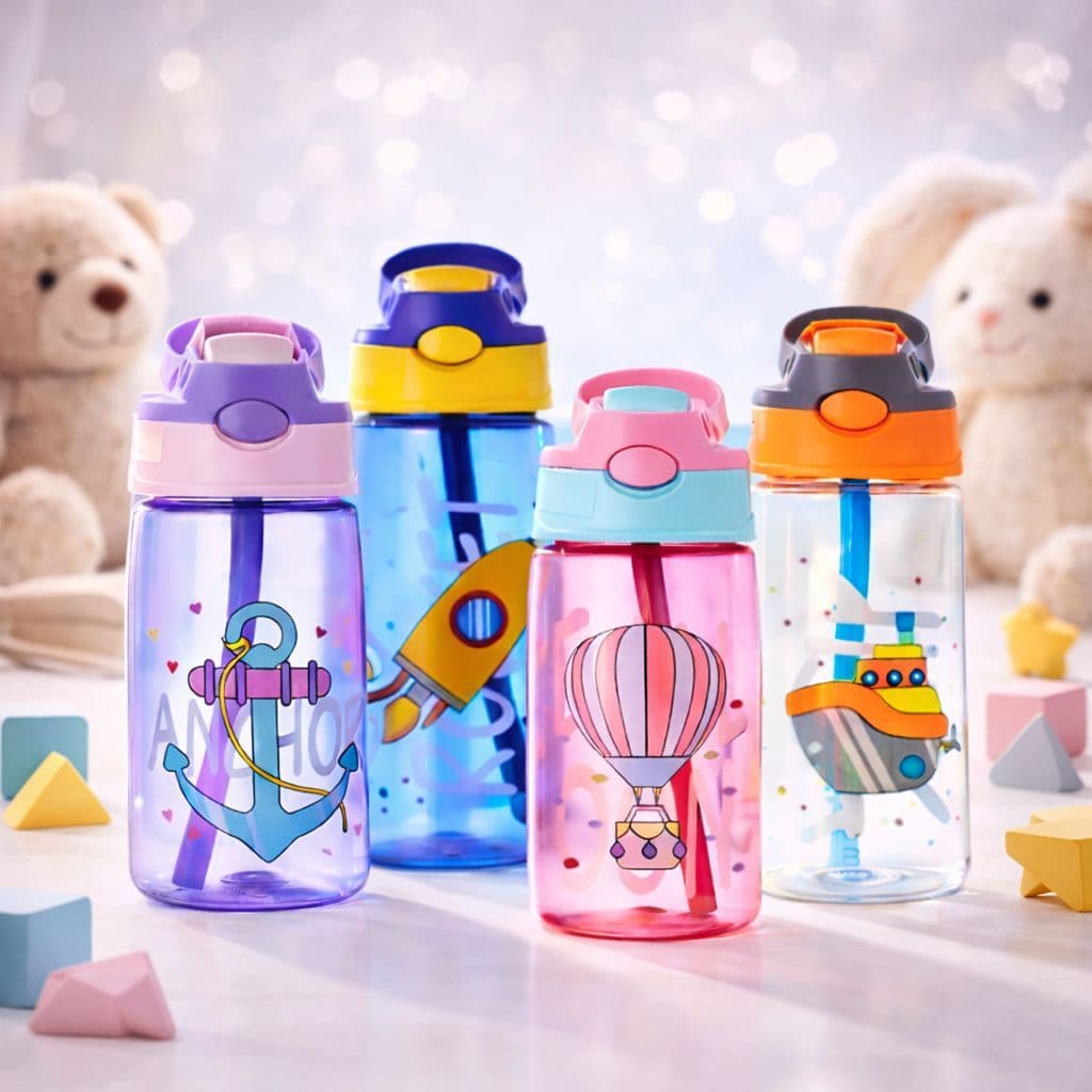 Garrafinha Infantil Squeeze Com Canudo Flip Menino Menina Com Adesivo Sortidos 480 ml Escola