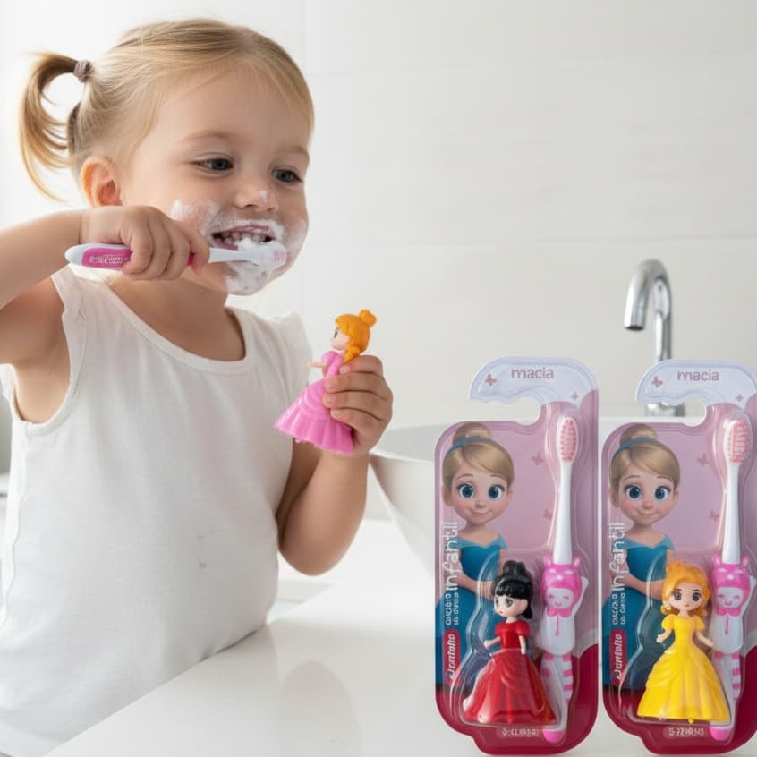 Escova de Dente Infantil Princesas Cores Sortidas Cerdas Macias, Higiene Bucal para Crianças