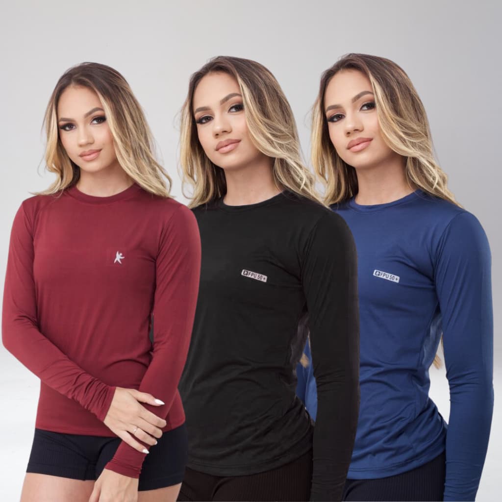 kIT 3 Camisa Térmica Feminina Proteção Uv 50+ Segunda Pele Camiseta Malha Fria Manga Longa UV