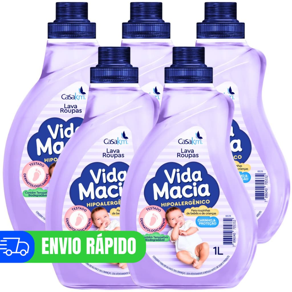 Kit 5 Lava Roupas Bebê Vida Macia 1 Litro Sabão Liquido