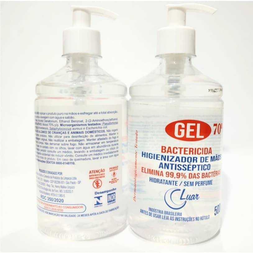 Álcool Gel Bactericida 70 500ml Luar Higienizador de Mãos Antisséptico Hidratante sem Perfume