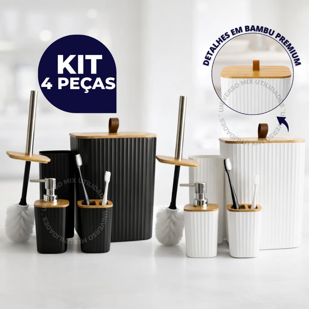 Kit Banheiro Luxo Quadrado – Lixeira C/Tampa Detalhes em Bambu e Puxador de Couro