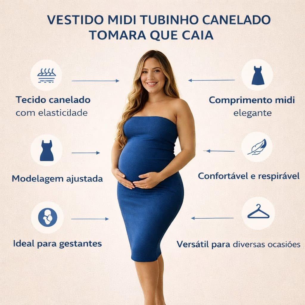 Vestido Maternidade Midi Tomara Que Caia Para Gestante, Canelado Justo e Confortável ENVIO IMEDIATO.