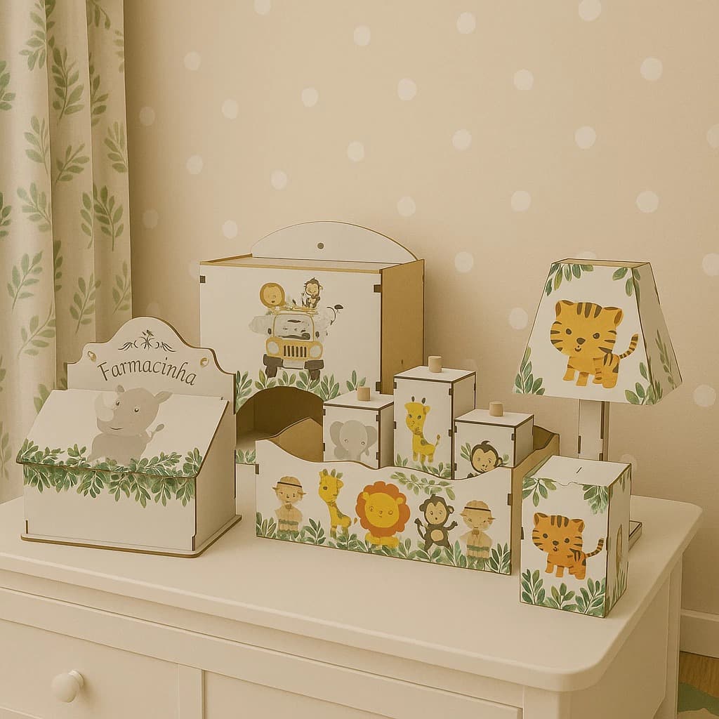 Kit Organização Bebê Safari MDF 8 Peças Higiene Decor Quarto Infantil