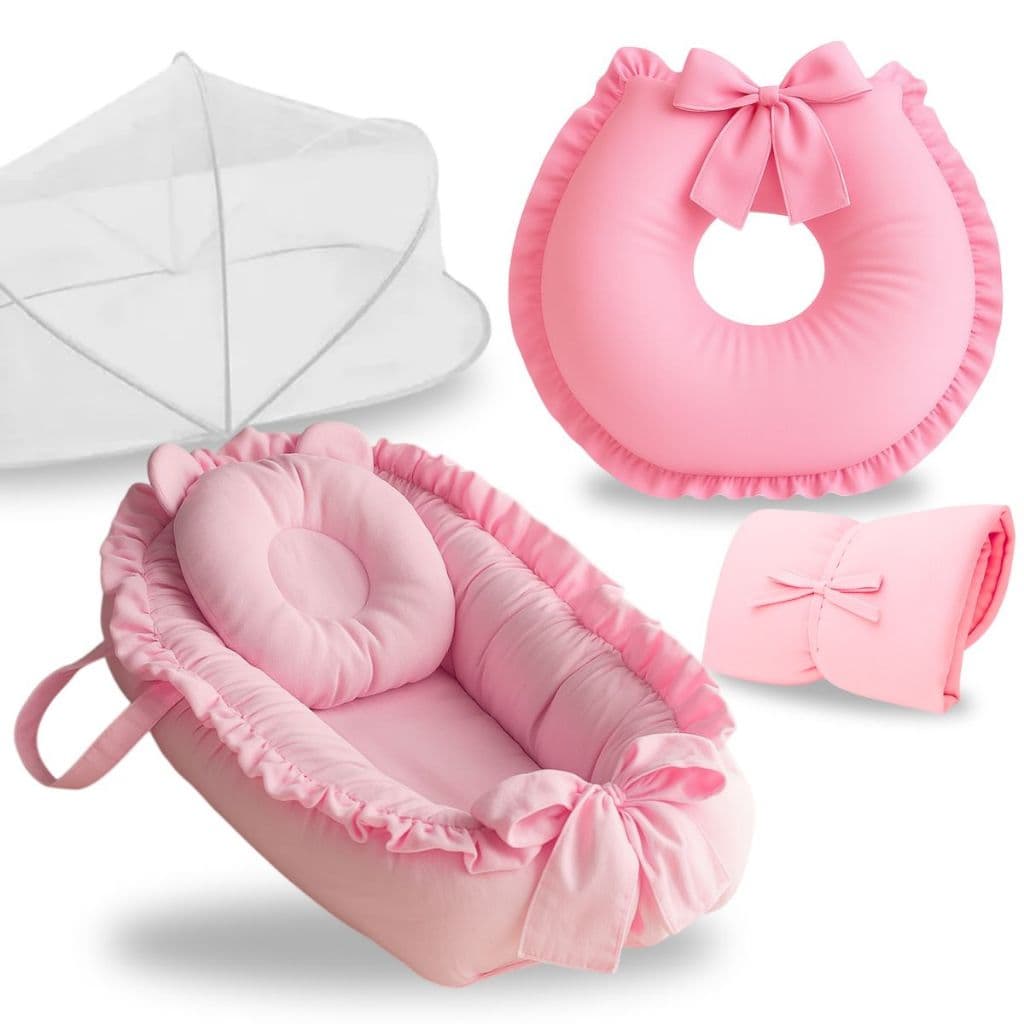 Ninho Redutor Berço Almofada Amamentação Trocador Portátil Mosquiteiro Kit 4 Peças Enxoval Bebe