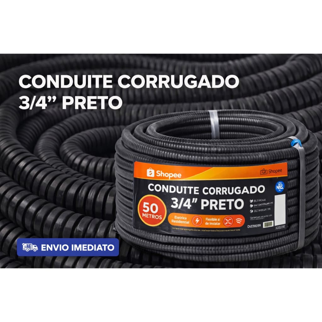 Conduíte Corrugado 3/4 Preto 50m (25mm) Linha Leve – Eletroduto Flexível